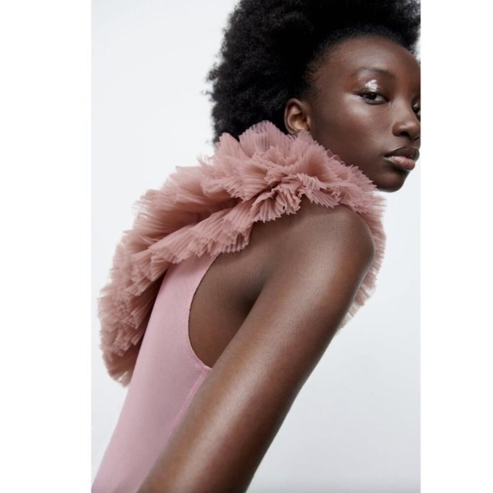Zara Beige Pink One Shoulder Ruffled Tulle Bodysuit Bloggers Fave Small - Picture 5 of 11